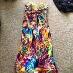 Elegant draped silk gown with gold sequin top